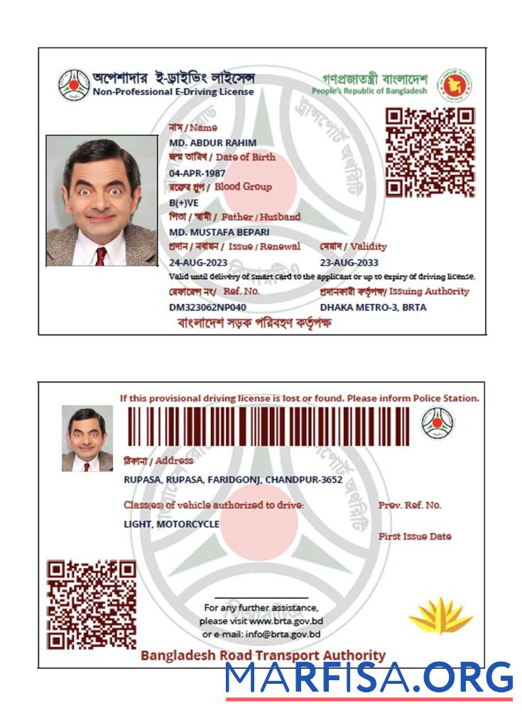 Downloadable Bangladesh Non Professional e driving license real example